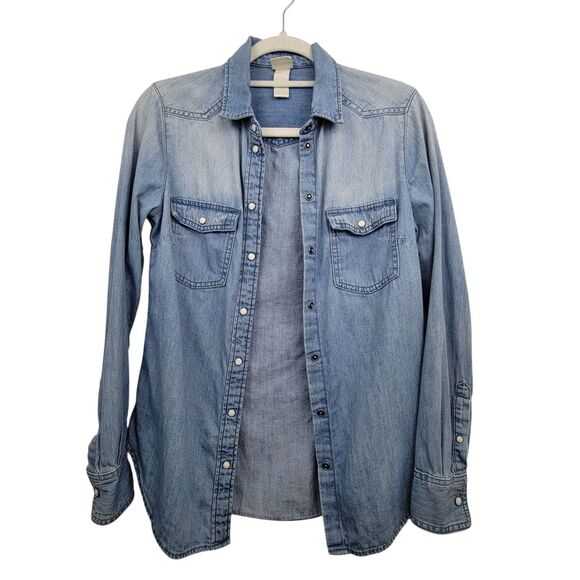 H&M Blue 100% Cotton Faded Worn In Look Button Long Sleeve Top Sz 4 With Stains - Picture 1 of 9